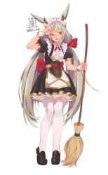 Rule 34 | 1girl, alternate costume, animal ears, bow, breasts, broom, dress, enmaided, hair bow, highres, long hair, looking at viewer, maid, maid headdress, nia (blade) (xenoblade), nia (xenoblade), nintendo, niyah, one eye closed, puffy short sleeves, puffy sleeves, short dress, short sleeves, signature, small breasts, solo, sou (pale 1080), spoilers, thighhighs, very long hair, white thighhighs, xenoblade chronicles (series), xenoblade chronicles 2, yellow eyes