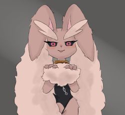 Rule 34 | 1girl, animal nose, black leotard, black sclera, blush, body fur, brown fur, chain, chain leash, closed mouth, clothed pokemon, collar, colored sclera, cowboy shot, creatures (company), crotchless, crotchless leotard, female focus, furry, furry female, game freak, gen 4 pokemon, grey background, groin, half-closed eyes, hands up, happy, kiki (kiki1041101), leash, leotard, looking at viewer, lopunny, nintendo, nose blush, own hands together, pokemon, pokemon (creature), rabbit ears, rabbit girl, red eyes, simple background, smile, solo, standing, straight-on, tongue, tongue out, two-tone fur