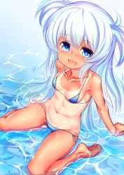 Rule 34 | 1girl, :d, baikamo (flower knight girl), bikini, blue bikini, blue eyes, blush, breasts, collarbone, flower knight girl, full body, long hair, looking at viewer, one-piece tan, open mouth, partially submerged, side-tie bikini bottom, silver hair, sitting, small breasts, smile, solo, swimsuit, takabow, tan, tanline, two side up, wariza, water