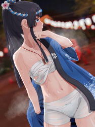Rule 34 | 1girl, absurdres, bandaged chest, blue eyes, blurry, blurry background, breasts, check commentary, commentary, commentary request, dutch angle, festival, hair ornament, happi, highres, hot, idolmaster, idolmaster million live!, japanese clothes, long hair, looking to the side, mogami shizuka, navel, night, off shoulder, panties, partially undressed, ponytail, robe, sarashi, see-through, short shorts, shorts, sidelocks, small breasts, steam, steaming body, stomach, summer festival, sweat, toritori miri, turning head, underwear, undone sarashi, very sweaty, wet, wet clothes, wiping face, wiping sweat
