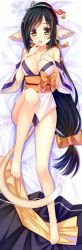 Rule 34 | 1girl, absurdly long hair, animal ears, aquaplus, black hair, blush, breasts, cat tail, cleavage, unworn clothes, clothing aside, collarbone, covered erect nipples, dakimakura (medium), feet, female focus, finger to mouth, from above, full body, hair ornament, hand on own breast, highres, knee up, kuon (utawarerumono), large breasts, long hair, long legs, looking at viewer, lying, on back, open clothes, open mouth, orange eyes, ponytail, sidelocks, solo, swept bangs, tail, thighs, utawarerumono, utawarerumono: itsuwari no kamen, variations, very long hair, waifu2x, white tail