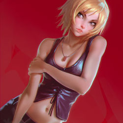 Rule 34 | 1girl, aya brea, bare arms, blonde hair, blue eyes, breasts, cleavage, crop top, eyebrows, eyelashes, front-tie top, highres, holding own arm, ilya kuvshinov, jewelry, lips, making-of available, medium breasts, midriff, navel, necklace, nose, parasite eve, parasite eve the 3rd birthday, pendant, red background, short hair, simple background, solo
