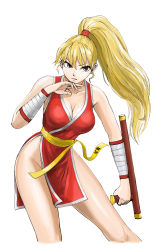 Rule 34 | 1girl, 8686cure, absurdres, bandages, bare hips, bare shoulders, blonde hair, breasts, brown eyes, cleavage, closed mouth, commentary, commentary request, cowboy shot, cropped legs, final fight, frown, genryuusai maki, high ponytail, highres, holding, holding weapon, long hair, looking to the side, ninja, pelvic curtain, revealing clothes, sash, simple background, solo, tonfa, v-shaped eyebrows, weapon, white background, yellow sash