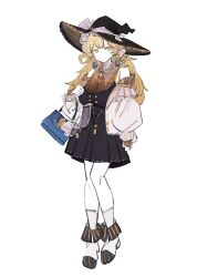Rule 34 | 1girl, adapted costume, bag, black dress, black hat, blonde hair, boots, closed mouth, dress, earrings, full body, hat, highres, jacket, jewelry, kirisame marisa, long hair, long sleeves, open clothes, open jacket, simple background, socks, solo, touhou, white background, white footwear, white jacket, white socks, witch hat, yellow eyes, zenritsu