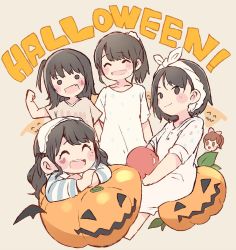 Rule 34 | &gt;:), 5girls, ^ ^, akb48, beige background, black hair, blush, bow, brown hair, clenched hand, closed eyes, commentary request, facial mark, hair bow, halloween, hand up, heart, holding, jack-o&#039;-lantern, katou rena, long hair, long sleeves, looking at viewer, mole, mole under eye, mole under mouth, mukaichi mion, multiple girls, nightgown, nightshirt, one side up, ooshima ryouka, pajamas, pink bow, ponytail, real life, short hair, short sleeves, sidelocks, sitting, takahashi jyuri, taneda yuuta, towel, towel on head, twintails