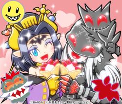 Rule 34 | 2girls, 2others, bandai, blush, bodysuit, breasts, chibi, cleavage, copyright name, demon girl, demon horns, digimon, digimon (creature), evilmon, food, fruit, hair ornament, happy, heart, holding, holding food, horns, ice cream, ladydevimon, large breasts, lilithmon, long hair, matching hair/eyes, medium hair, multiple girls, multiple others, official art, one eye closed, open mouth, pink scarf, pointy ears, scarf, smile, strawberry, tattoo, v, very long hair, wide hips, wink