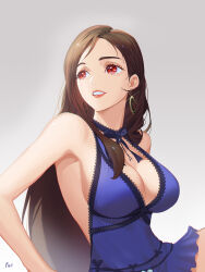 Rule 34 | 1girl, absurdres, armpit peek, bare arms, bare shoulders, black hair, blue dress, breasts, brown hair, cleavage, commentary, crescent, crescent earrings, dress, earrings, eyelashes, final fantasy, final fantasy vii, final fantasy vii remake, glint, gold earrings, gradient background, hair behind ear, halterneck, highres, jewelry, large breasts, long hair, looking to the side, neck ribbon, official alternate costume, parted lips, phf, pink lips, red eyes, ribbon, short dress, signature, single earring, single sidelock, smile, solo, swept bangs, tifa lockhart, tifa lockhart (refined dress), upper body, very long hair