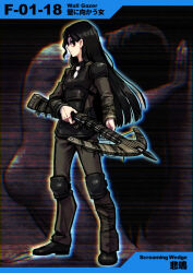 Rule 34 | 1girl, 1other, armor, black armor, black footwear, black hair, black shirt, bow (weapon), brown jacket, brown pants, closed mouth, collared shirt, commentary request, crossbow, denim, e.g.o (project moon), employee (project moon), from side, full body, gender request, hair over eyes, hand on wall, holding, holding crossbow, holding weapon, jacket, jeans, knee pads, light frown, lobotomy corporation, long hair, long sleeves, looking to the side, meimaru inuchiyo, necktie, nude, numbered, pants, partial commentary, project moon, shaded face, shirt, shoes, shoulder pads, single sidelock, the lady facing the wall, very long hair, weapon, white necktie
