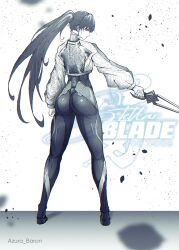 Rule 34 | 1girl, absurdres, artist name, ass, azura anblue, bodysuit, copyright name, cropped jacket, debris, eve (stellar blade), from behind, highres, holding, holding sword, holding weapon, impossible bodysuit, impossible clothes, long hair, long sleeves, looking at viewer, looking back, monochrome, orca exploration suit (stellar blade), profile, simple background, skin tight, solo, stellar blade, sword, very long hair, weapon