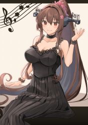 Rule 34 | 1girl, absurdres, beamed eighth notes, black choker, black dress, blush, breasts, choker, cleavage, closed mouth, collarbone, dress, flower, flower bracelet, hair flower, hair ornament, hand up, headgear, high ponytail, highres, kantai collection, large breasts, long hair, looking at viewer, musical note, pink flower, quarter note, red eyes, sidelocks, sitting, sleeveless, sleeveless dress, smile, solo, treble clef, very long hair, yamato (kancolle), yunamaro