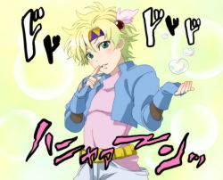 Rule 34 | 1boy, aged down, bad id, bad pixiv id, battle tendency, blonde hair, blue jacket, bubble, bubble background, caesar anthonio zeppeli, cropped jacket, facial mark, feather hair ornament, feathers, fingerless gloves, gloves, gogya, green eyes, hair ornament, headband, hydrokinesis, jacket, jojo no kimyou na bouken, male focus, pants, parody, pink shirt, scarf, shirt, solo, style parody, water, white pants
