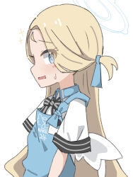 Rule 34 | 1girl, angel&#039;s 24 uniform (blue archive), angel wings, apron, blonde hair, blue apron, blue archive, blue eyes, blue halo, blush, collared shirt, halo, highres, kapuru 0410, long hair, open mouth, polo shirt, shirt, short sleeves, simple background, solo, sora (blue archive), two side up, upper body, white background, white shirt, white wings, wings