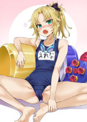 Rule 34 | &gt;:o, 1girl, anger vein, arm up, asanagi, bare legs, barefoot, blonde hair, blue one-piece swimsuit, blush, bow, braid, cameltoe, cosplay, fang, fate/grand order, fate (series), feet, female focus, flat chest, goggles, goggles around neck, green eyes, hair bow, hair ribbon, helena blavatsky (fate), helena blavatsky (swimsuit archer) (fate), helena blavatsky (swimsuit archer) (fate) (cosplay), helena blavatsky (swimsuit archer) (first ascension) (fate), highres, looking at viewer, mordred (fate), mordred (fate/apocrypha), name tag, old school swimsuit, one-piece swimsuit, open mouth, parted bangs, ponytail, ribbon, school swimsuit, simple background, sitting, soles, solo, spread legs, sweat, swimsuit, toe scrunch, toes, v-shaped eyebrows