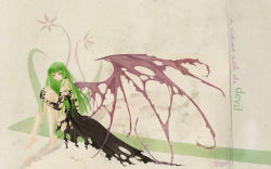 Rule 34 | 00s, 1girl, 2008, barefoot, black dress, c.c., clamp, code geass, dated, dress, english text, gloves, green hair, highres, long hair, sitting, solo, torn clothes, torn dress, torn gloves, wallpaper, wings, yellow eyes