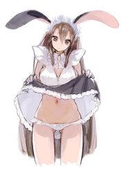 Rule 34 | 1girl, :&lt;, animal ears, bow, bow panties, brown eyes, brown hair, clothes lift, commentary request, dress, dress lift, gloves, gluteal fold, hair between eyes, highres, long hair, looking at viewer, lowleg, lowleg panties, maid, maid headdress, navel, panties, panties day, rabbit ears, shigi 0, simple background, solo, underwear, white background, white panties