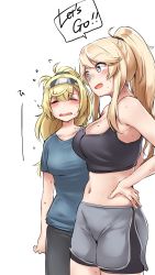 Rule 34 | 3girls, alternate costume, alternate hairstyle, bike shorts, black pants, black shorts, blonde hair, blue eyes, blue shirt, blush, breasts, cleavage, closed mouth, collarbone, commentary request, cowboy shot, closed eyes, gambier bay (kancolle), grey shorts, headband, highres, iowa (kancolle), kantai collection, kiritto, large breasts, long hair, looking at viewer, midriff, multiple girls, open mouth, pants, pink towel, ponytail, shirt, shorts, simple background, smile, sports bra, sweat, tank top, towel, towel around neck, white background, white tank top