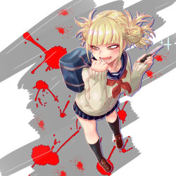 Rule 34 | 1girl, absurdres, annmitsu114, backpack, bag, bags under eyes, black socks, blonde hair, blood, blood splatter, blue sailor collar, blue skirt, blunt bangs, boku no hero academia, brown footwear, cardigan, clenched hand, double bun, fangs, from above, full body, grey background, hair bun, hair up, hands up, highres, holding, holding knife, holding weapon, kneehighs, knife, loafers, looking away, messy hair, narrowed eyes, neckerchief, pleated skirt, red neckerchief, sailor collar, school uniform, serafuku, shoes, sidelocks, skirt, smile, socks, solo, standing, teeth, toga himiko, weapon, white background, yellow cardigan, yellow eyes