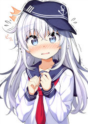 Rule 34 | 10s, 1girl, ^^^, absurdres, black hat, blue eyes, blush, hat, hibiki (kancolle), highres, kantai collection, long hair, looking at viewer, macchaume, neckerchief, red neckerchief, school uniform, serafuku, simple background, solo, white background, white hair