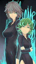 Rule 34 | 2girls, aura, bad id, bad pixiv id, black dress, black hair, breasts, crossed arms, curly hair, dress, flat chest, fubuki (one-punch man), green eyes, green hair, large breasts, multiple girls, nonji (sayglo halo), one-punch man, psychic, short hair, siblings, side-by-side, side slit, sisters, tatsumaki