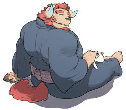 Rule 34 | 1boy, animal, animal on lap, arm hair, bara, blue eyes, blue kimono, blush, cat, cat on lap, chernobog (housamo), clothing cutout, curled horns, demon horns, facial hair, full body, furry, furry male, goatee, horns, japanese clothes, kimono, male focus, muscular, muscular male, on lap, orange hair, oyama soil (osansyoup), petting, pink fur, short hair, sideburns, sitting, solo, tail, tail through clothes, thick eyebrows, tokyo houkago summoners, tusks, white cat