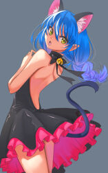 Rule 34 | 1girl, animal ears, back, backless dress, backless outfit, bell, black dress, blue hair, braid, cat ears, cat tail, commentary, cowboy shot, dress, fang, from side, grey background, halter dress, halterneck, highres, jingle bell, jj (ssspulse), long hair, looking at viewer, looking back, open mouth, petticoat, pointy ears, precure, short dress, simple background, solo, standing, star twinkle precure, tail, twin braids, yellow eyes, yuni (precure)