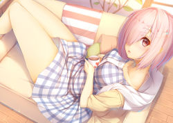 Rule 34 | 1girl, breasts, commentary request, couch, cup, dress, fate/grand order, fate (series), hair over one eye, highres, if (asita), looking at viewer, mash kyrielight, mash kyrielight (senpai killer outfit), medium breasts, mug, official alternate costume, open mouth, plaid, plaid dress, purple eyes, purple hair, short hair, solo, tatapopo