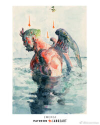 Rule 34 | 1boy, bara, beard, bk zerotwo, demon boy, demon horns, demon wings, facial hair, feathered wings, from side, full beard, horns, large pectorals, male focus, mature male, muscular, muscular male, original, painterly, partially submerged, pectorals, profile, reflection, reflective water, solo, thick eyebrows, wings