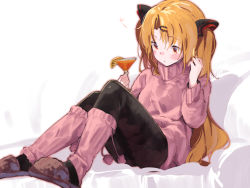 Rule 34 | 1girl, :o, akatsuki uni, black pantyhose, blush stickers, brown footwear, brown hair, cocktail glass, commentary request, cup, drinking glass, hair between eyes, hair ornament, hairclip, hands up, holding, holding cup, knees up, lamb (hitsujiniku), leg warmers, long hair, long sleeves, pantyhose, parted bangs, parted lips, pillow, pink sweater, red eyes, sitting, slippers, solo, squeans, sweater, turtleneck, turtleneck sweater, two side up, uni create, very long hair, virtual youtuber, white background