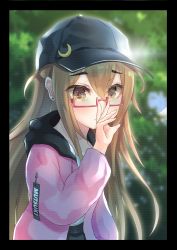 Rule 34 | 1girl, bad id, bad pixiv id, baseball cap, black hat, black skirt, blurry, blurry background, brown eyes, brown hair, closed mouth, commentary request, crescent, crescent pin, day, depth of field, hair between eyes, hamalu, hand up, hat, hat pin, highres, hood, hood down, hooded jacket, jacket, kantai collection, long hair, long sleeves, looking at viewer, mochizuki (kancolle), open clothes, open jacket, outdoors, pink jacket, puffy long sleeves, puffy sleeves, red-framed eyewear, semi-rimless eyewear, skirt, solo, under-rim eyewear, very long hair