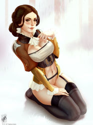 Rule 34 | 1girl, brown hair, cleavage cutout, cleft of venus, clothing cutout, destiny (game), feet, garter straps, green eyes, hand on own chest, hand on own thigh, highres, kneeling, knees together feet apart, legs together, midriff, navel, personification, pussy, signature, simple background, smile, solo, source request, the last word (destiny), themaestronoob, thighhighs