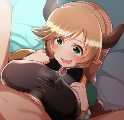 Rule 34 | 10s, 1boy, 1girl, blush, braid, breasts, brown hair, carmelina (granblue fantasy), clothed female nude male, cum, cum in clothes, cum through clothes, draph, covered erect nipples, fang, granblue fantasy, green eyes, heart, heart-shaped pupils, hetero, horns, izumi arima, large breasts, long hair, nude, open mouth, paizuri, paizuri under clothes, pointy ears, smile, symbol-shaped pupils, twin braids