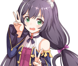 Rule 34 | 1girl, ame., animal ear fluff, animal ears, black hair, blue sleeves, blush, bow, cat ears, cat girl, cat tail, collared shirt, commentary request, detached sleeves, double v, fang, green eyes, hair bow, hands up, karyl (princess connect!), long hair, long sleeves, looking at viewer, low twintails, multicolored hair, open mouth, princess connect!, purple bow, shirt, simple background, sleeveless, sleeveless shirt, solo, streaked hair, tail, twintails, upper body, v, wavy mouth, white background, white hair, white shirt, wide sleeves