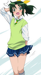 Rule 34 | 10s, 1girl, ^^^, arm behind head, blush, green eyes, green hair, green necktie, green sweater vest, matching hair/eyes, midorikawa nao, necktie, open mouth, ponytail, precure, school uniform, skirt, sleeves rolled up, smile precure!, solo, surprised, sweatdrop, sweater vest, text focus, tonbi, translation request