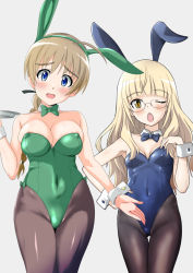 Rule 34 | 2girls, alternate costume, animal ears, black legwear, blonde hair, blue eyes, blue leotard, blue neckwear, bow, bowtie, braid, breasts, brown hair, cleavage, commentary request, covered navel, cowboy shot, detached collar, fake animal ears, glasses, green neckwear, green sailor collar, large breasts, leotard, long hair, looking at viewer, lynette bishop, minpei ichigo, multiple girls, one eye closed, open mouth, pantyhose, perrine h. clostermann, playboy bunny, rabbit ears, sailor collar, single braid, small breasts, standing, strike witches, thigh gap, world witches series, wrist cuffs, yellow eyes