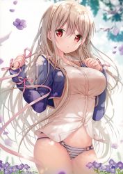 Rule 34 | 1girl, absurdres, blue jacket, blush, braid, breasts, brown hair, collared shirt, cowboy shot, cropped jacket, dress shirt, flower, grey shirt, highres, holding, holding ribbon, jacket, large breasts, long hair, long sleeves, looking at viewer, no pants, open clothes, open jacket, original, pansy, panties, parted lips, petals, pink ribbon, purple flower, purple pansy, red eyes, ribbon, scan, shirt, side braid, simple background, solo, sousouman, stomach, striped clothes, striped panties, underwear, very long hair
