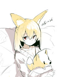 Rule 34 | 1girl, animal ears, blonde hair, blush, closed mouth, dated, fox ears, fox girl, hair between eyes, long hair, long sleeves, looking at viewer, hugging object, original, red eyes, sketch, sleeves past fingers, sleeves past wrists, smile, solo, stuffed animal, stuffed fox, stuffed toy, sweater, white background, white sweater, yuuji (yukimimi)
