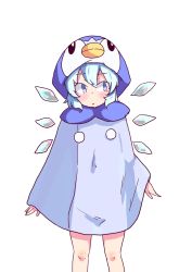 Rule 34 | 1girl, :o, alternate hairstyle, animal costume, arms at sides, blue eyes, blush, cirno, creatures (company), detached wings, feet out of frame, game freak, gen 4 pokemon, highres, ice, ice wings, looking away, looking to the side, nintendo, parted lips, penguin costume, piplup, pokemon, pokemon (creature), see-through silhouette, short hair, simple background, sokutenkun, solo, standing, touhou, white background, wings