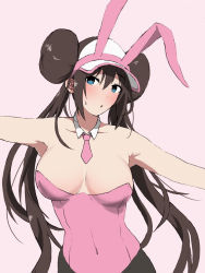 Rule 34 | 1girl, animal ears, armpits, bare shoulders, black pantyhose, blue eyes, blush, breasts, brown hair, covered navel, creatures (company), detached collar, double bun, fake animal ears, game freak, hair bun, highres, large breasts, leotard, long hair, necktie, nintendo, nishikino kee, outstretched arms, pantyhose, pink leotard, playboy bunny, pokemon, pokemon bw2, rabbit ears, rosa (pokemon), solo, strapless, strapless leotard, sweatdrop, twintails, very long hair, visor cap