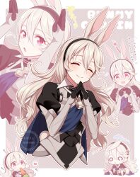 Rule 34 | 1girl, animal ears, armor, blush, breasts, cape, chibi, corrin (female) (fire emblem), corrin (fire emblem), fire emblem, fire emblem fates, gloves, hair between eyes, hair ears, hair ornament, hairband, highres, hiyori (rindou66), long hair, multiple girls, nintendo, open mouth, pointy ears, rabbit ears, rabbit girl, rabbit pose, rabbit tail, red eyes, simple background, slit pupils, small breasts, smile, solo, tail, white hair