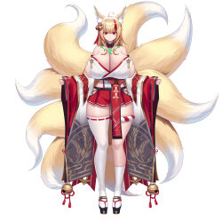 Rule 34 | 1girl, absurdres, animal ear fluff, animal ears, asymmetrical legwear, bell, black footwear, blonde hair, breasts, chinese commentary, closed mouth, commentary request, curvy, fox, fox girl, full body, hair bell, hair ornament, highres, huge breasts, japanese clothes, jewelry, kitsune, kyuubi, looking at viewer, magatama, magatama necklace, miko, miniskirt, multicolored hair, multiple tails, necklace, original, red eyes, red hair, red skirt, ribbon-trimmed legwear, ribbon-trimmed skirt, ribbon-trimmed sleeves, ribbon trim, short hair, sideboob, simple background, skirt, socks, solo, standing, streaked hair, tail, thighhighs, white background, white socks, white thighhighs, wide sleeves, yue huang qing vassago