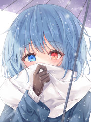 Rule 34 | 1girl, absurdres, bad id, bad pixiv id, blue eyes, blue hair, blush, brown gloves, buttons, commentary request, eyelashes, gloves, heterochromia, highres, holding, holding umbrella, karakasa obake, kofumi (nxme5555), long sleeves, looking at viewer, red eyes, scarf, short hair, simple background, snow, snowflakes, snowing, solo, standing, tatara kogasa, touhou, umbrella, upper body, white background, white scarf, winter, winter clothes