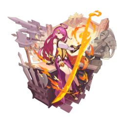 Rule 34 | 1girl, ahoge, armor, axe, belt, breasts, cleavage cutout, clothing cutout, dragalia lost, fire, fire, forge, full body, gloves, holding, huge weapon, katana, large breasts, long hair, looking at viewer, non-web source, official art, purple hair, red eyes, rena (dragalia lost), saitou naoki, sitting, smile, solo, sword, thigh strap, transparent background, weapon, weapon rack