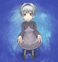 Rule 34 | 00s, 1girl, brown eyes, darker than black, dress, female focus, foreshortening, full body, grey hair, hairband, long sleeves, looking at viewer, looking up, outstretched hand, pantyhose, parted lips, purple dress, reflection, ripples, shoes, short hair, solo, standing, standing on liquid, star (symbol), very short hair, water, yamamoto shima, yin (darker than black)