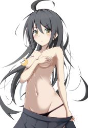 Rule 34 | 1girl, absurdres, ahoge, black hair, black panties, black skirt, blush, breasts, censored, censored nipples, covering privates, covering breasts, crescent censor, crescent moon, emoji, emoji censor, frown, hair between eyes, highres, honma (honmatomohiro), kantai collection, long hair, looking at viewer, mikazuki (kancolle), moon, navel, panties, simple background, skirt, small breasts, solo, topless, underwear, white background