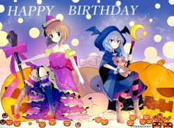 Rule 34 | 10s, 2girls, barefoot, bat wings, black socks, blush, boots, bow, brown eyes, brown hair, closed mouth, commentary, crescent, dress, flats, frilled legwear, girls und panzer, grey background, grey hair, hair down, halloween costume, happy birthday, hat, high-explosive anti-tank (warhead), highres, holding, holding staff, holding stuffed toy, holding weapon, jack-o&#039;-lantern, kneehighs, long hair, looking at viewer, man-portable anti-tank systems, medium dress, multiple girls, namatyoco, nishizumi miho, off-shoulder dress, off shoulder, oversized object, pantyhose, panzerfaust, puffy short sleeves, puffy sleeves, purple bow, purple dress, purple hat, purple ribbon, recoilless gun, red footwear, ribbon, shimada arisu, short hair, short sleeves, sitting, smile, socks, staff, star (symbol), striped clothes, striped legwear, striped pantyhose, stuffed animal, stuffed toy, teddy bear, twitter username, weapon, wings, witch, witch hat