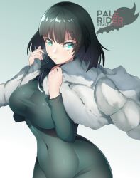 Rule 34 | blush, breasts, coat, dress, fubuki (one-punch man), gradient background, green eyes, green hair, highres, large breasts, navel, self-upload, solo, thighs, wrinkled fabric