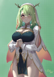 Rule 34 | 1girl, absurdres, antlers, blush, braid, braided bangs, breasts, ceres fauna, cleavage, cleavage cutout, clothing cutout, green hair, groin, habit, hair ornament, highres, hololive, hololive english, horns, kuutamo, large breasts, long hair, looking at viewer, mole, mole under eye, multicolored hair, nun, virtual youtuber, yellow eyes