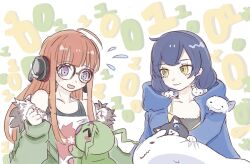 Rule 34 | blue hair, blush, closed eyes, coat, coat on shoulders, crossover, digimon, digimon (creature), glasses, long hair, looking at another, mishima erika, morgana (persona 5), persona, persona 5, purple eyes, sakura futaba, twintails, very long hair, wormmon, yellow eyes