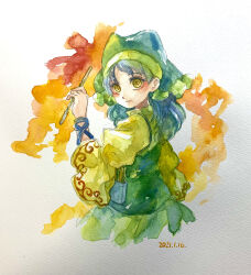 Rule 34 | 1girl, absurdres, arm ribbon, blue hair, blue headwear, blue ribbon, closed mouth, cropped torso, from side, haniyasushin keiki, highres, holding, light smile, long hair, long sleeves, looking at viewer, looking to the side, one-hour drawing challenge, orange background, painting (medium), ribbon, shiroma (mamiko), simple background, solo, touhou, traditional media, watercolor (medium), white background, wide sleeves, yellow eyes