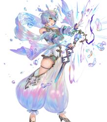 Rule 34 | 1girl, bare shoulders, breasts, bubble, choker, female focus, fire emblem, fire emblem heroes, gold trim, gradient hair, grey footwear, grey hair, high heels, highres, holding, holding wand, jewelry, large breasts, leotard, leotard under clothes, multicolored hair, nintendo, non-web source, official art, open mouth, pants, purple hair, seidr (fire emblem), short hair, skindentation, solo, standing, thigh strap, thighs, wand, yellow eyes, yoshiku (oden-usagi)